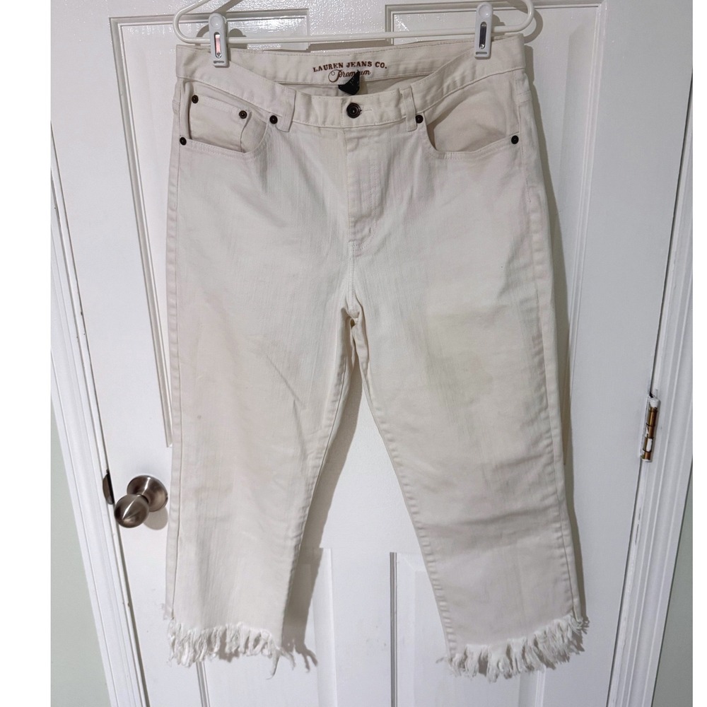 Lauren Jeans Co Ralph Lauren White Frayed Hem Capri Jeans‎ Size 12 Off-White